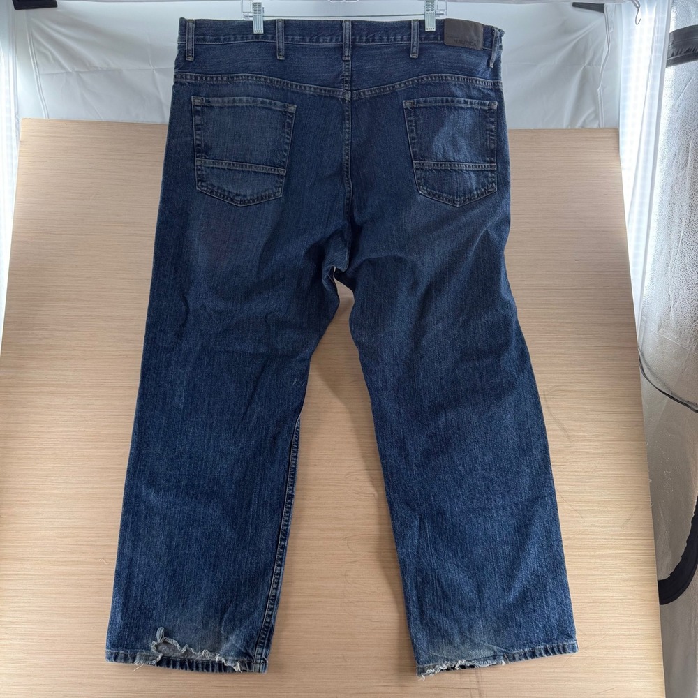 Nautica Mens Relaxed Straight Leg Jeans Blue Medium Wash‎ Distressed Denim 44x32